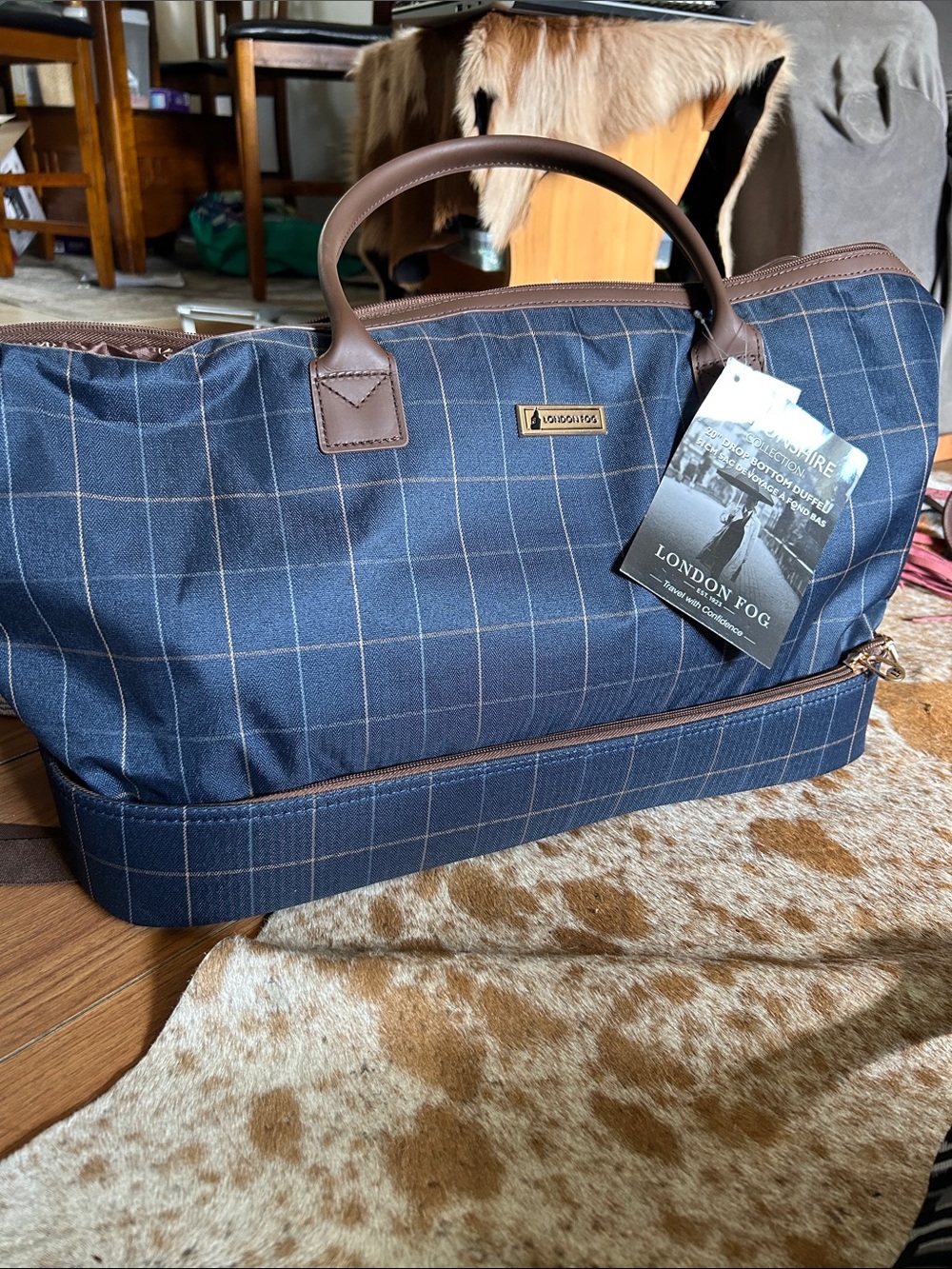 London Fog Blue Plaid Weekender Bag with Brown Trim